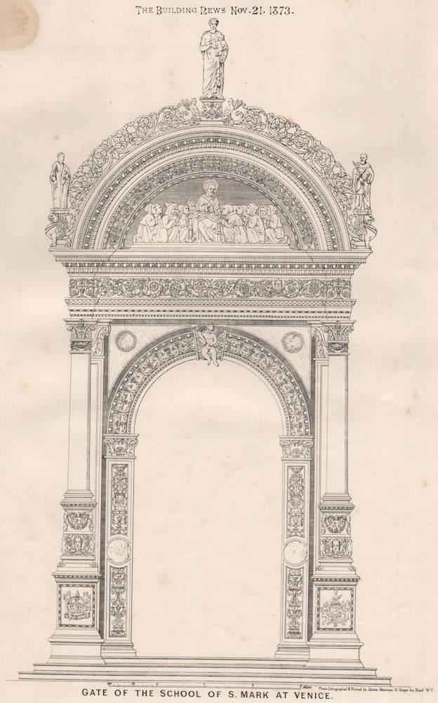 Gate of the school of St. Mark at Venice 1873 old antique print picture